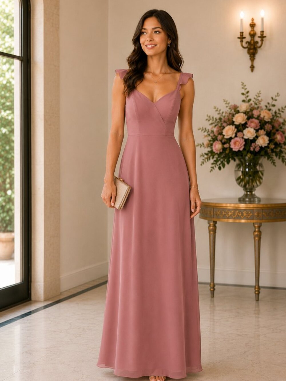 AZAZIE Everlee A-Line Ruched Chiffon Desert Rose Maxi Dress Size A2